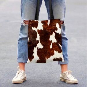 1pc Chic Cow Print Tote Bag with Black Handles Lightweight Shopping Bag